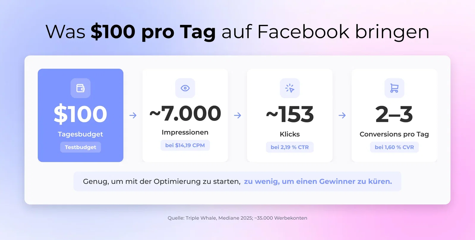 Wie viel Facebook Ads kosten, ein Budget von $100 pro Tag zu den Benchmarks 2025, das 7.000 Impressionen, 153 Klicks und zwei bis drei Conversions kauft