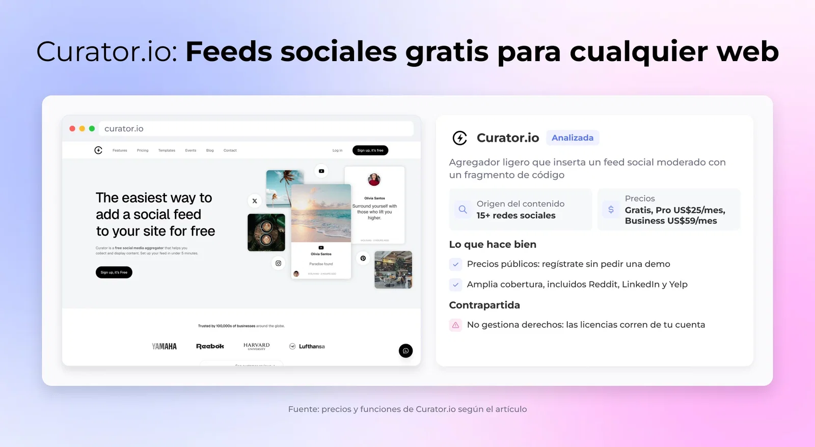 Curator.io de un vistazo: datos clave, puntos fuertes y desventajas