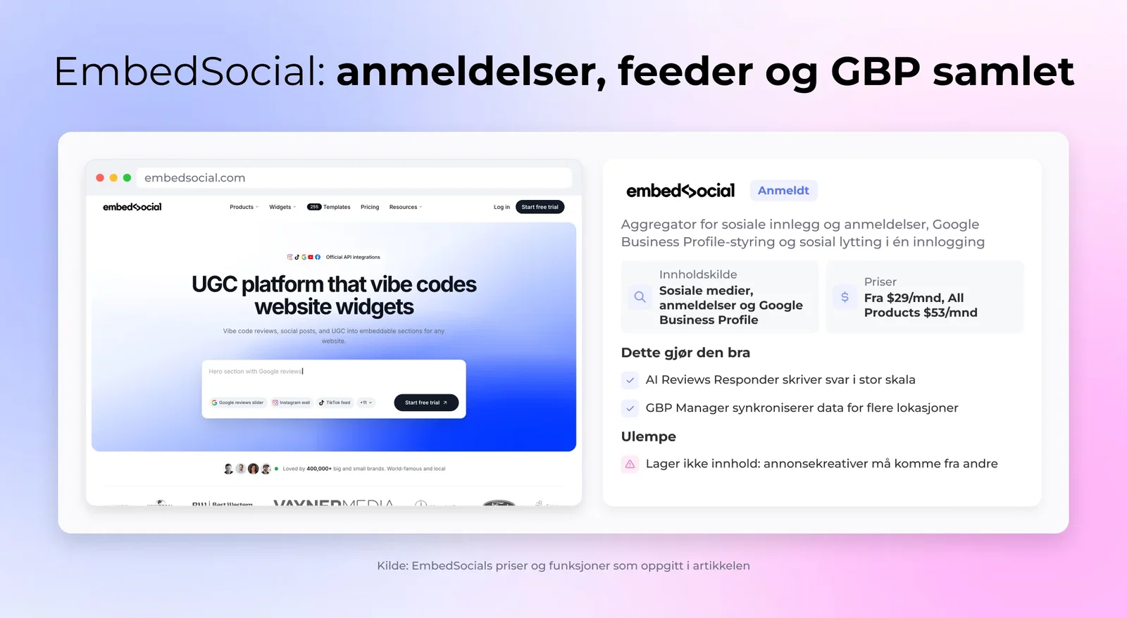 EmbedSocial: anmeldelser, feeder og GBP samlet