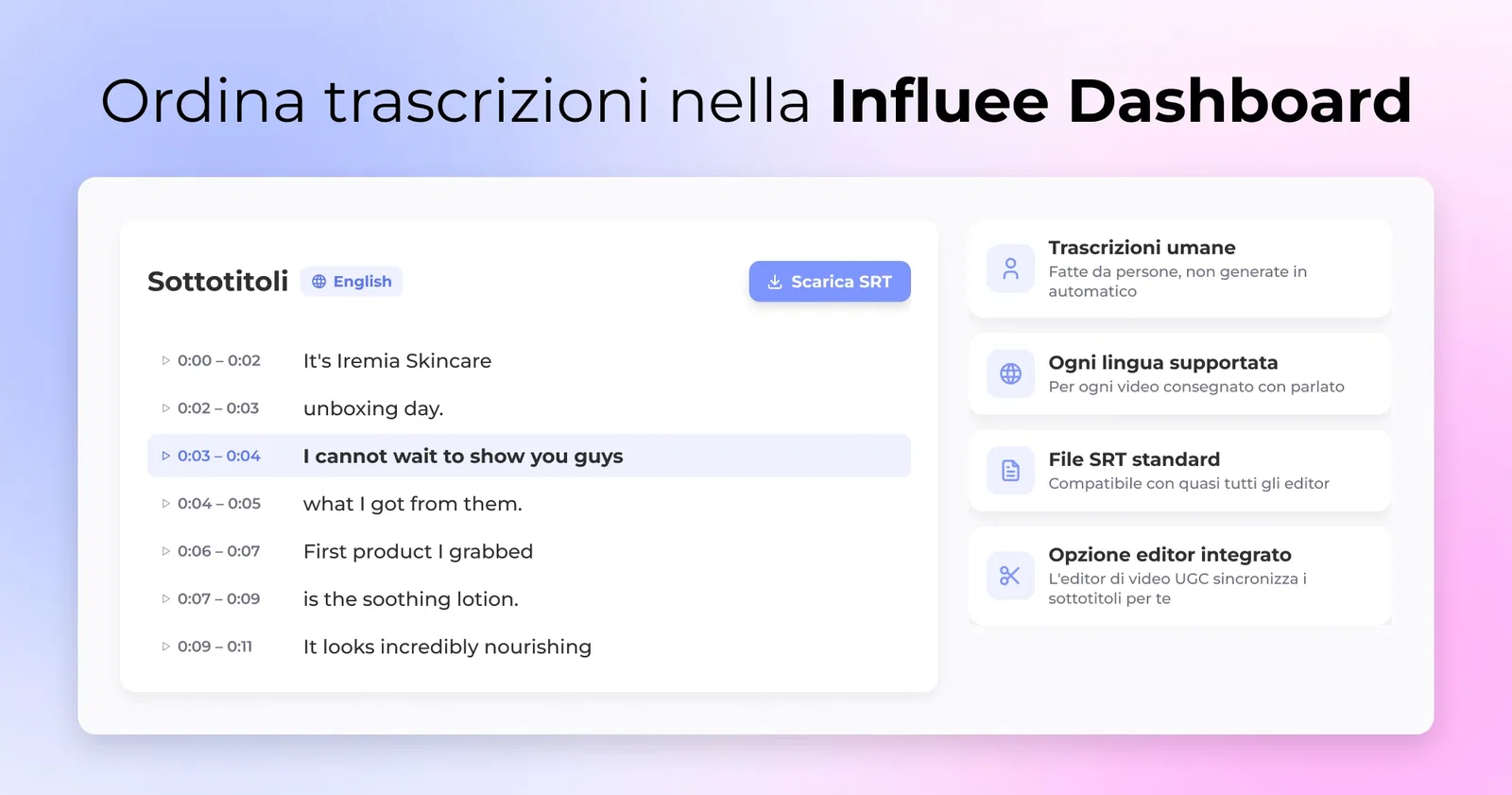Ordina trascrizioni nella Influee Dashboard