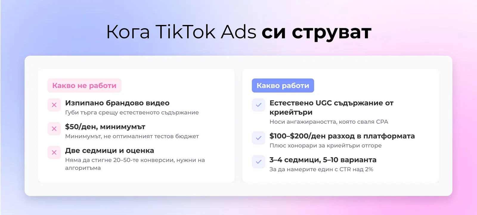 DTC маркетолог, преглеждащ резултатите на кампанията в TikTok, претегляйки UGC креатив срещу полиран видеоклип на брандовата видеобанка на CPA