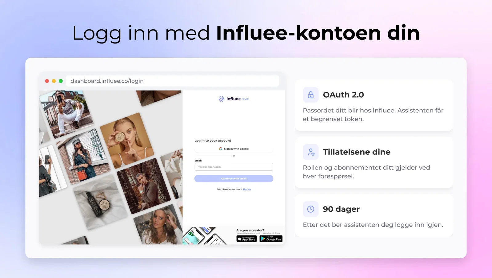 Den ekte Influee-innloggingssiden som åpnes når du kobler til Claude eller ChatGPT, med notater om OAuth, kontotillatelser og innlogging i 90 dager