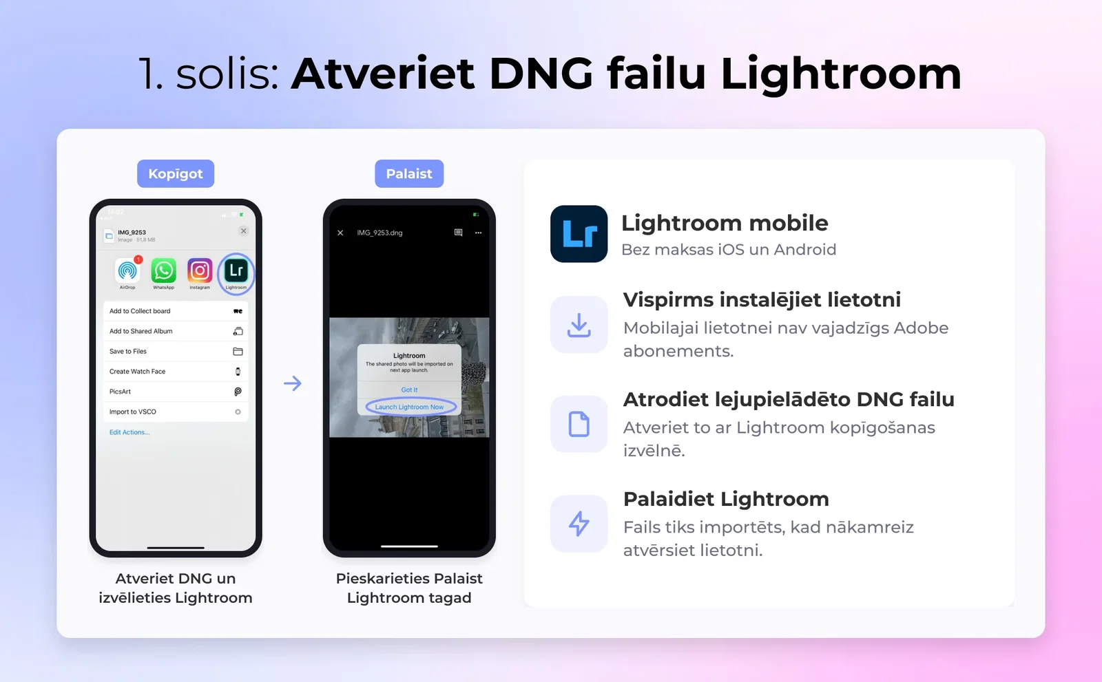 1. solis: Atver DNG failu Lightroom