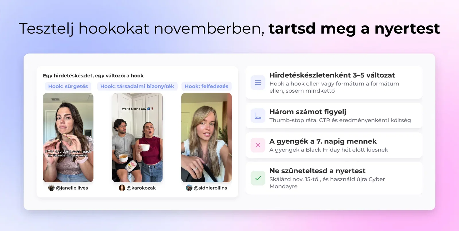 Tesztelj hookokat novemberben, tartsd meg a nyertest