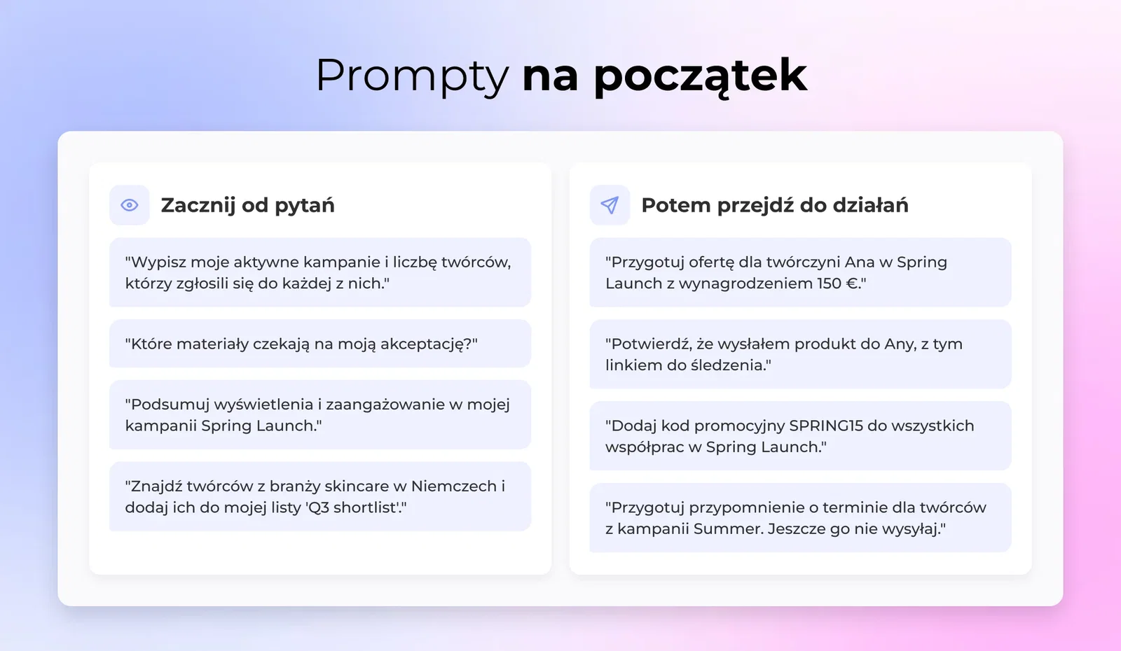 Przykładowe prompty dla konektora Influee, od pytań tylko do odczytu o kampanie i materiały po działania takie jak przygotowanie ofert i potwierdzanie wysyłek