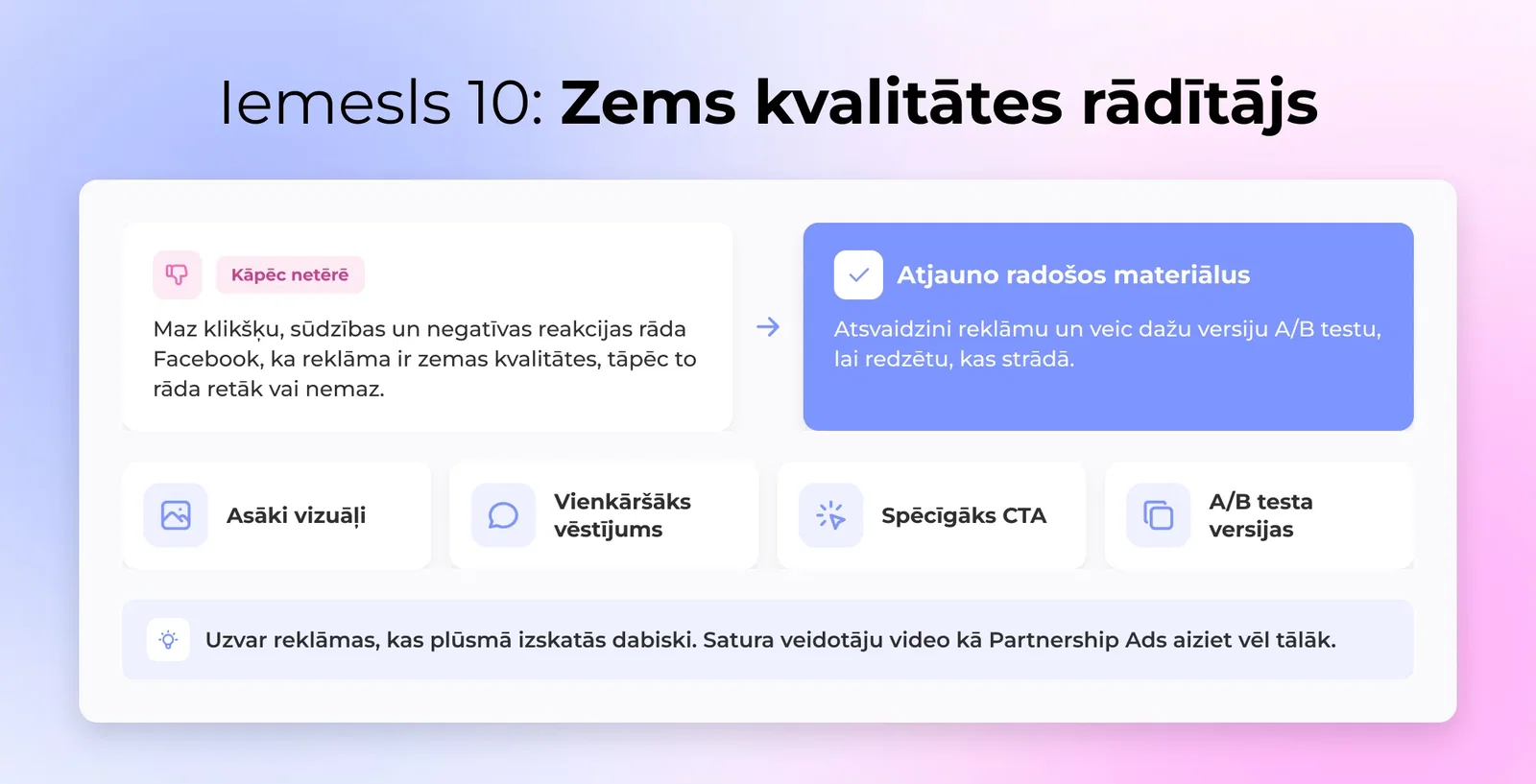 Zems kvalitātes rādītājs, Klienta atsauksmju rādītāji ietekmē Facebook sludinājuma piegādes veiktspēju.
