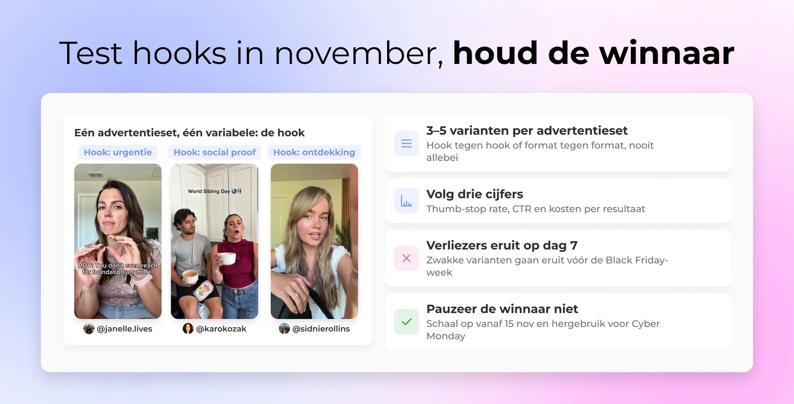 Test hooks in november, houd de winnaar