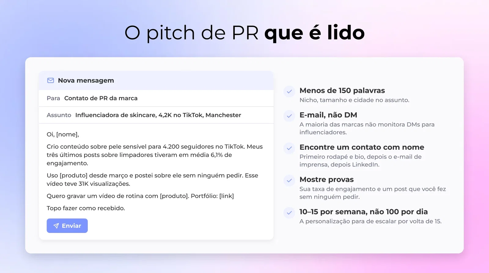 Influenciador redigindo um email de pitch para o contato de PR de uma marca
