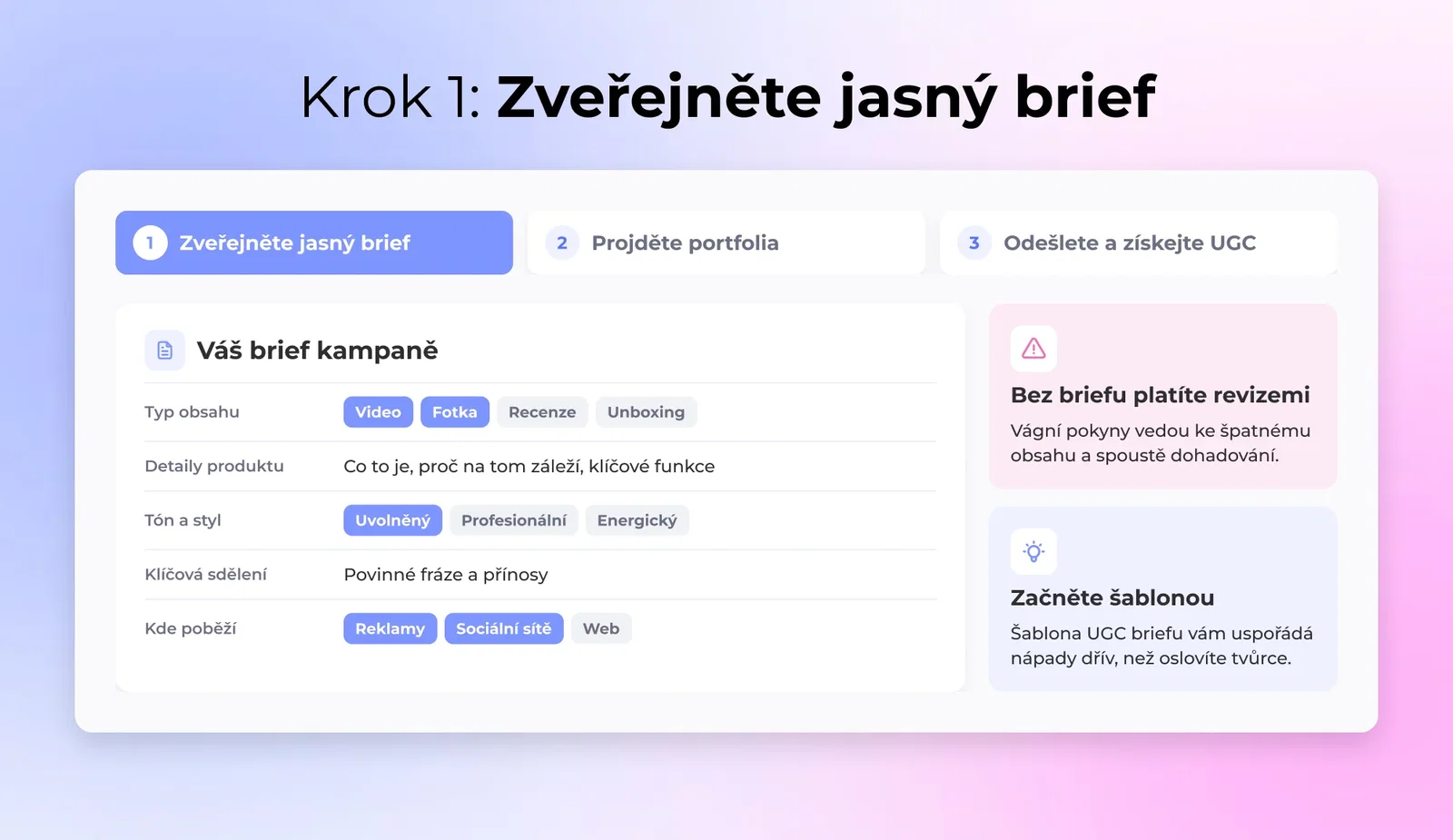 Krok 1: brief UGC kampaně s typem obsahu, detaily produktu, tónem, klíčovými sděleními a kanály