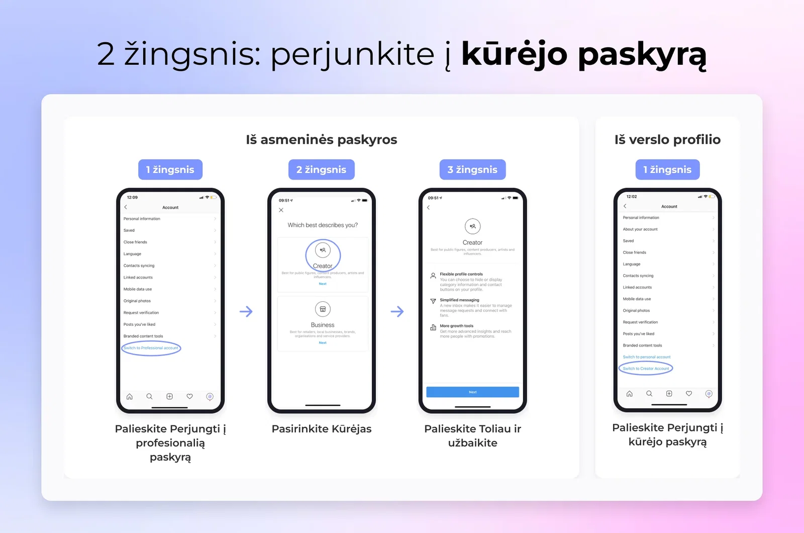 2 žingsnis: perjunkite į kūrėjo paskyrą iš asmeninės paskyros (Perjungti į profesionalią paskyrą, Kūrėjas, Toliau) arba iš verslo profilio (Perjungti į kūrėjo paskyrą)