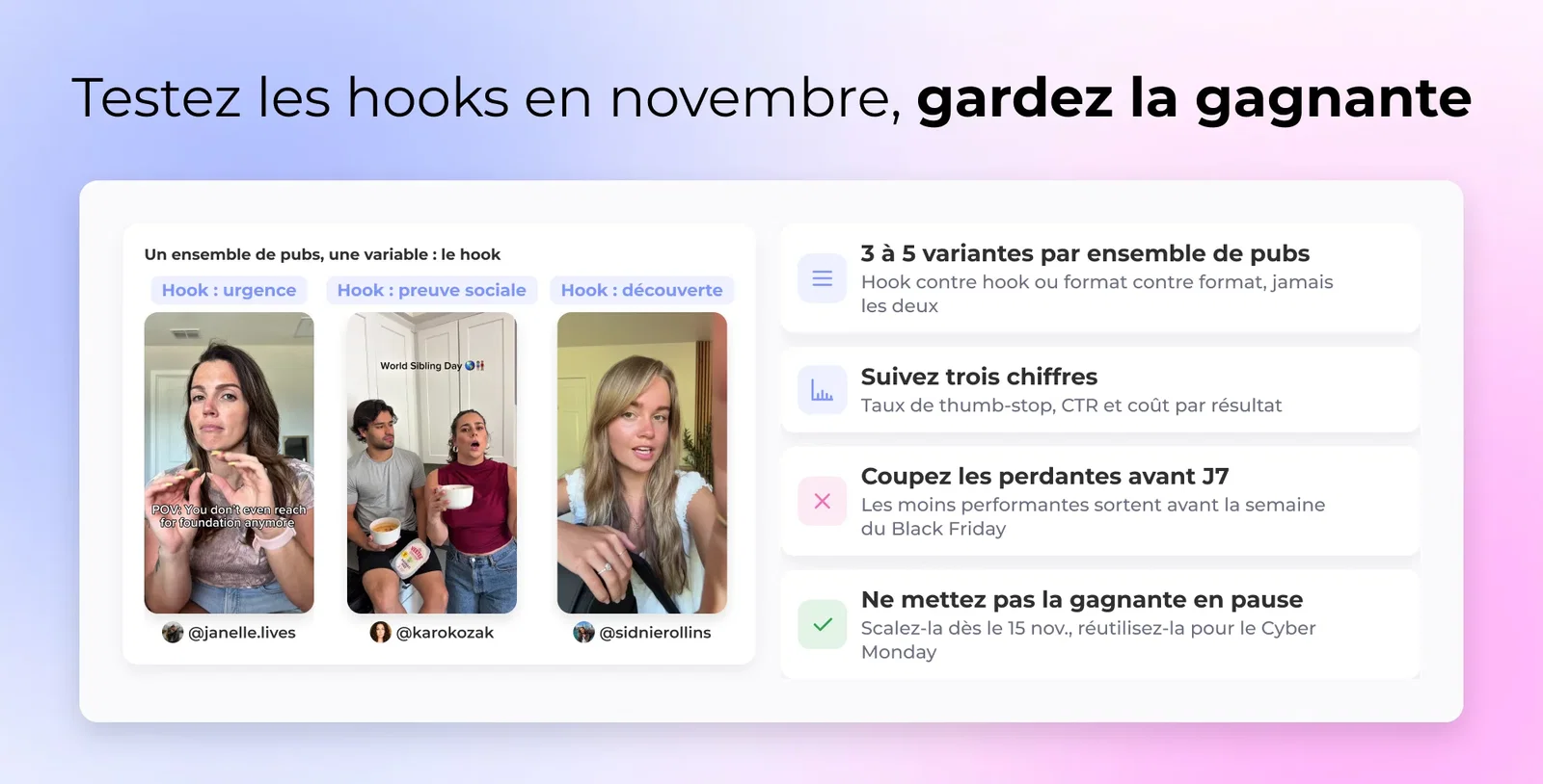 Testez les hooks en novembre, gardez la gagnante