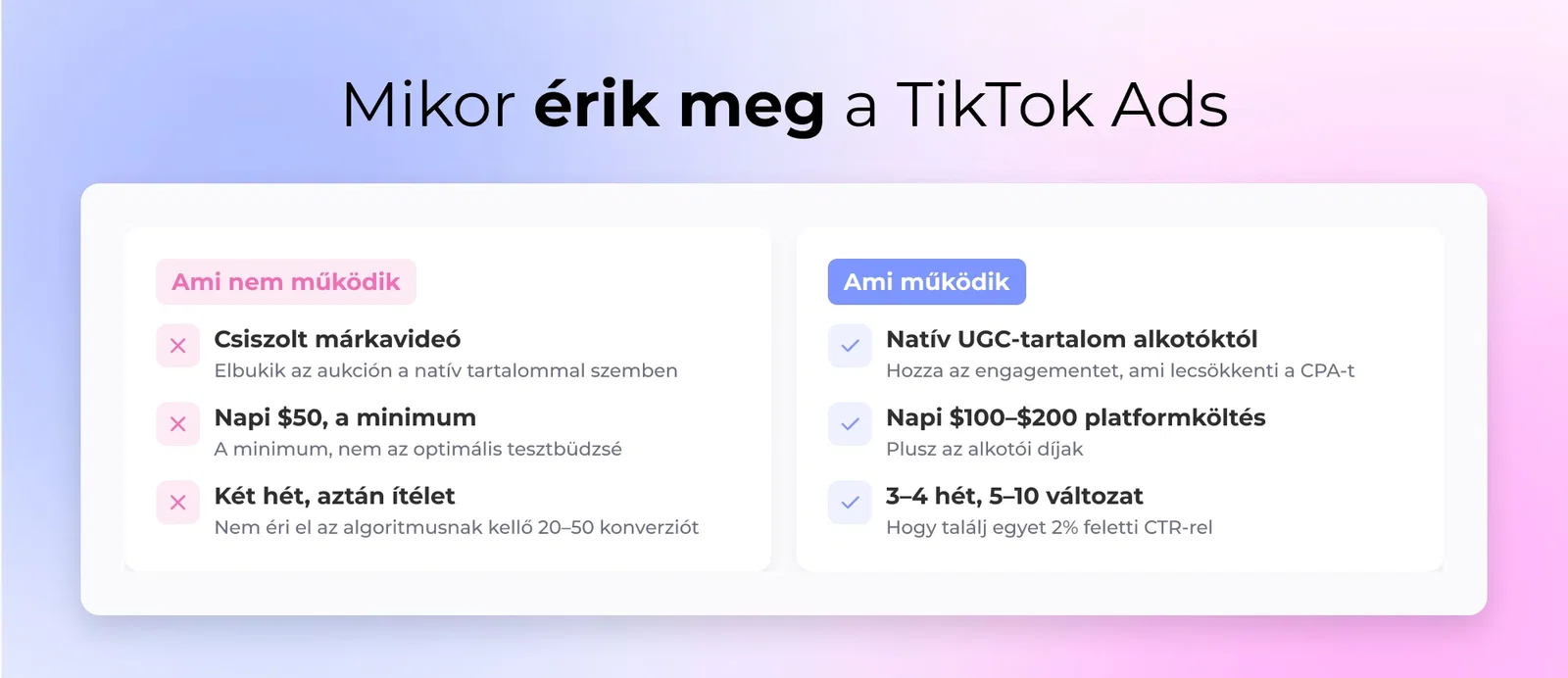 Egy DTC-marketinges TikTok kampányeredményeket néz át, és CPA alapján méri össze az UGC kreatívot a csiszolt márkavideóval