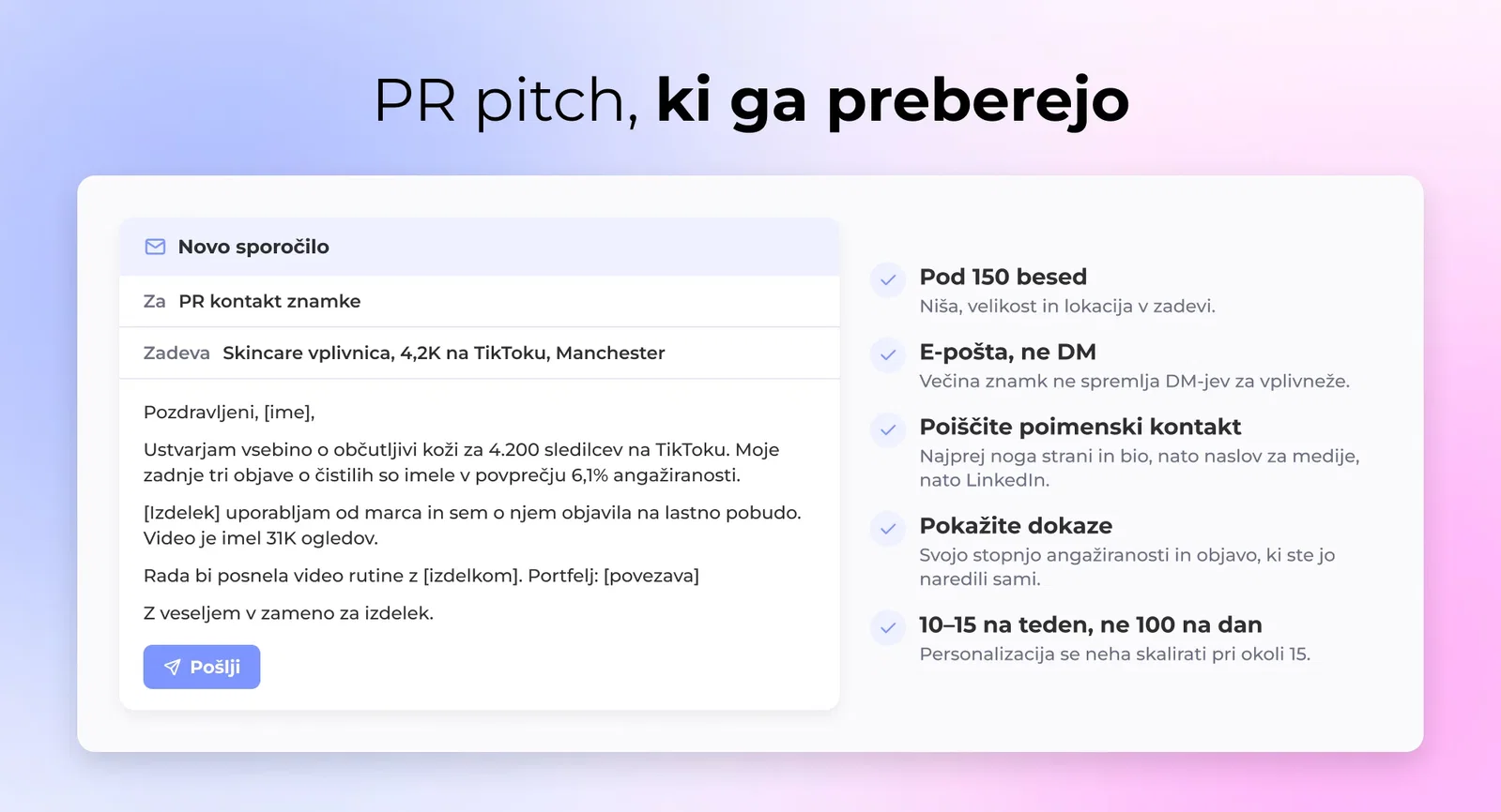 Influencer piše ponudbeno e-pošto PR kontaktu znamke