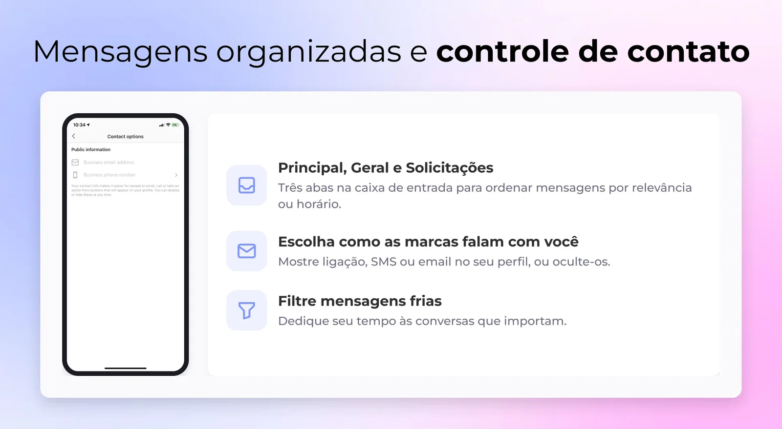 Opções de contato do perfil de criador do Instagram: três abas de DM, controle de contato e filtro de mensagens frias
