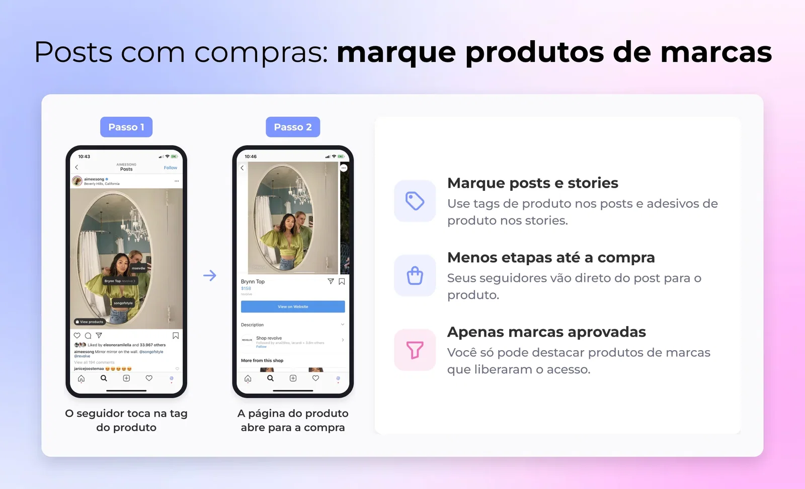 Post com compras em dois passos: o seguidor toca na tag do produto em um post do Instagram e a página do produto abre