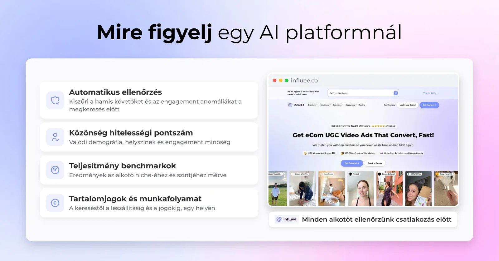 Mire figyelj egy AI platformnál: Automatikus ellenőrzés, Közönség hitelességi pontszám, Teljesítmény benchmarkok, Tartalomjogok és munkafolyamat