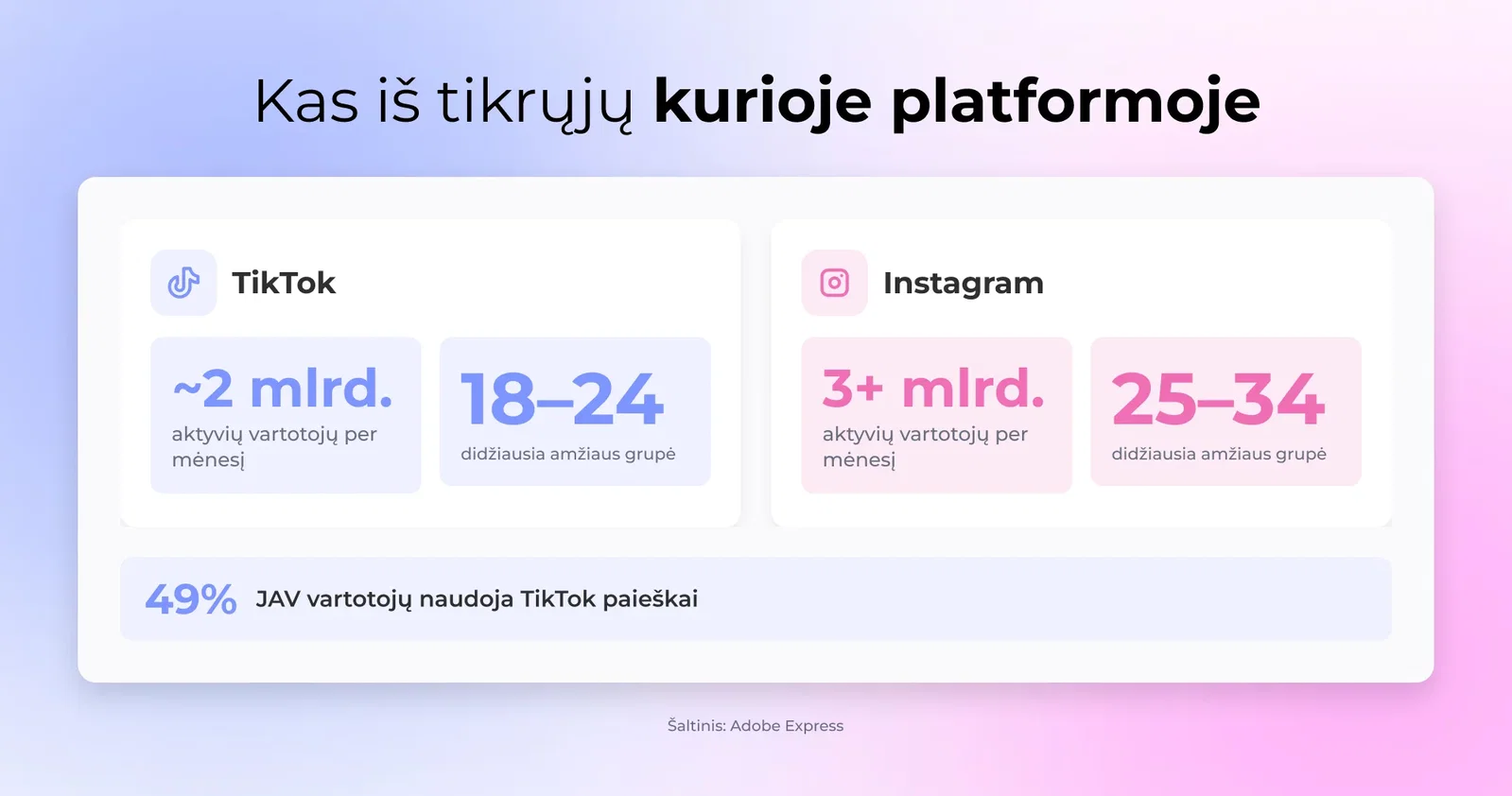 Dvi auditorijos profilio kortelės greta: viena pažymėta TikTok, orientuota į 18-24 metų, kita pažymėta Instagram, orientuota į 25-34 metų
