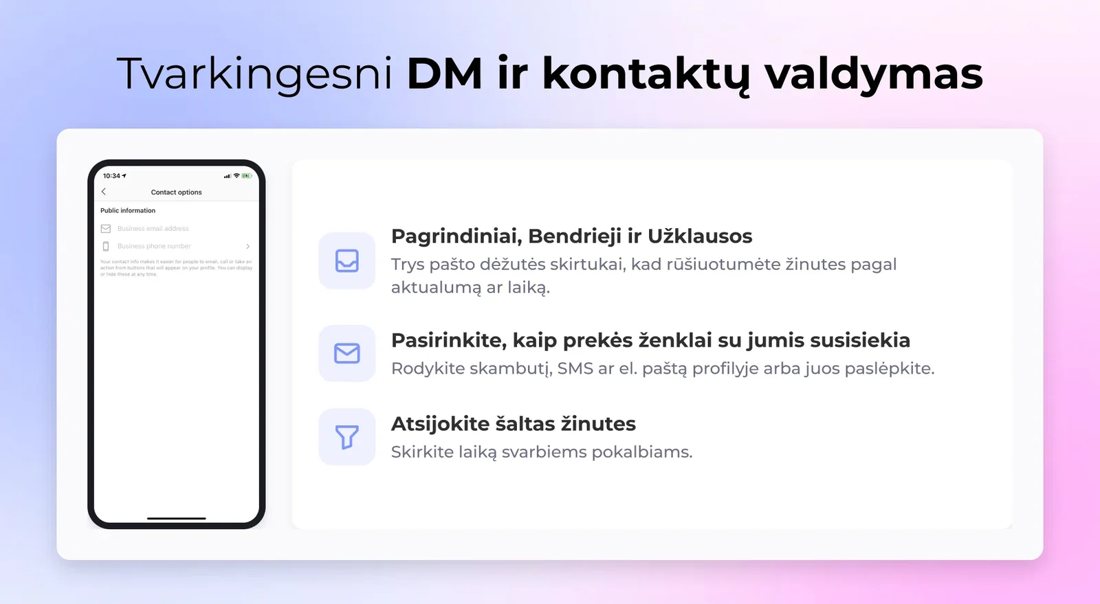 „Instagram“ kūrėjo profilio kontaktų parinktys: trys DM skirtukai, kontaktų valdymas ir šaltų žinučių filtravimas