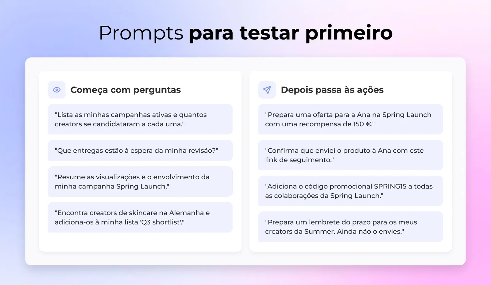 Exemplos de prompts para o conector do Influee, desde perguntas só de leitura sobre campanhas e entregas até ações como preparar ofertas e confirmar envios