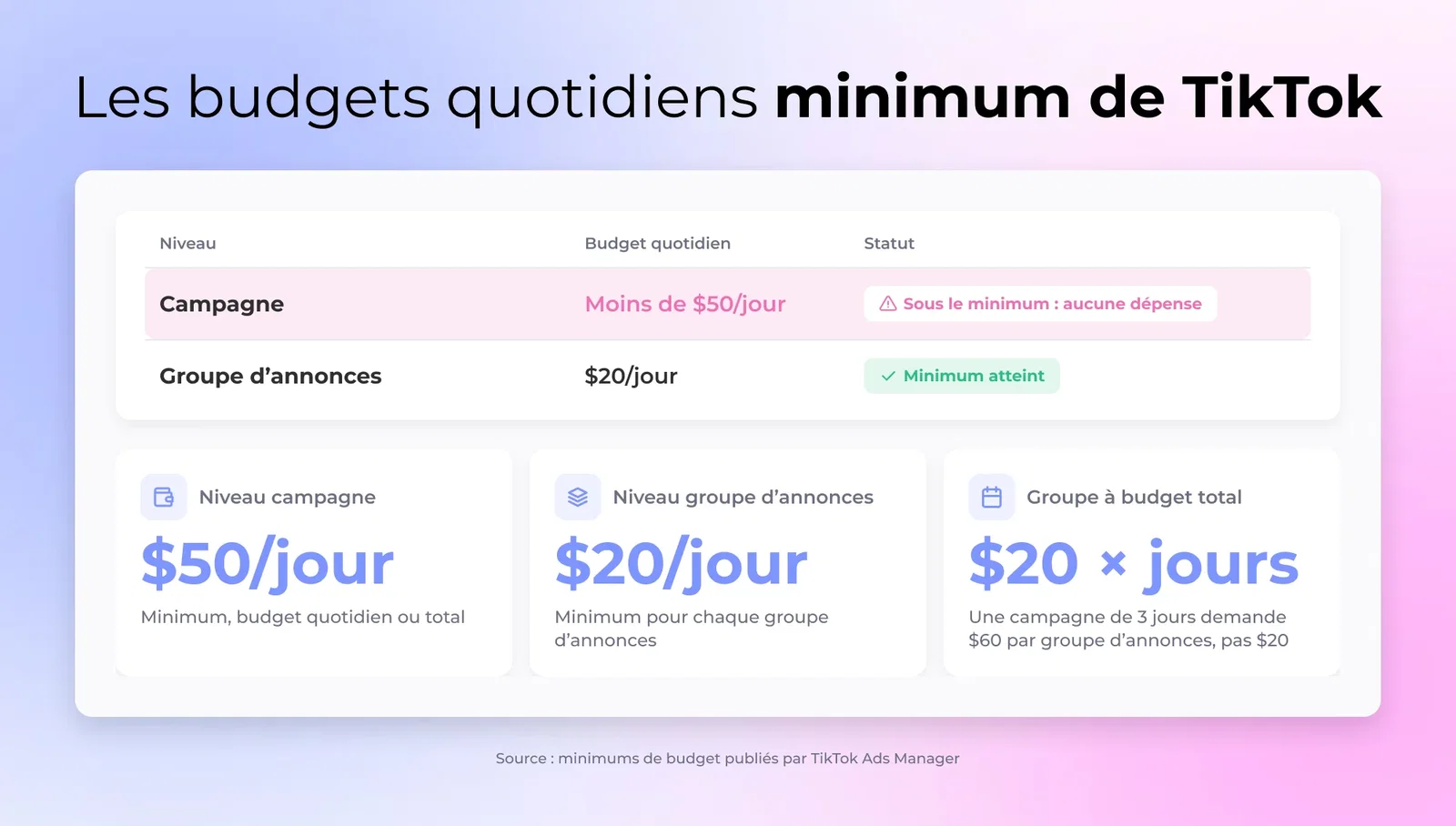 Colonne budget de TikTok Ads Manager montrant une campagne sous le minimum quotidien de 50 €, signalée en rouge